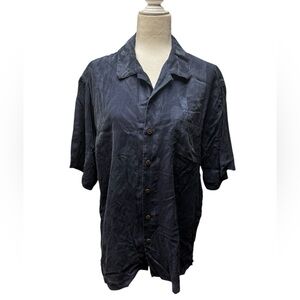 Tommy Bahama Mens Large Silk Button Down Shirt Short Sleeve palm print blue EUC